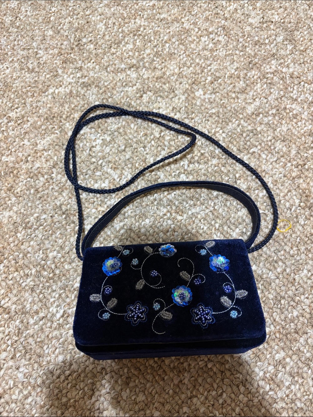 Blue Velvet Floral Embellished Purse